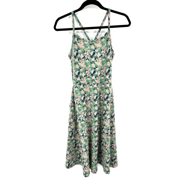 PACT Green Pink Floral Fit & Flare Racerback Summer Fall Midi Dress Size Large - Picture 3 of 10
